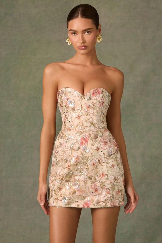 Embellished Strapless A-Line Mini Dress in Floral Beige - UK Size:10